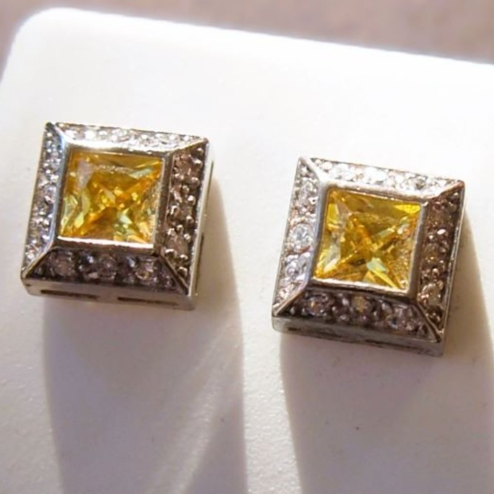 Large Artisan Canary and White Square Earring Studs .925 Sterling Silver